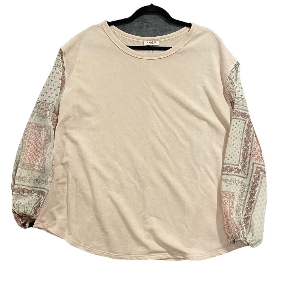 Andree By Unit Top Womens 1X Pink Patchwork Sleeves Boho  Peasant Casual Shirt